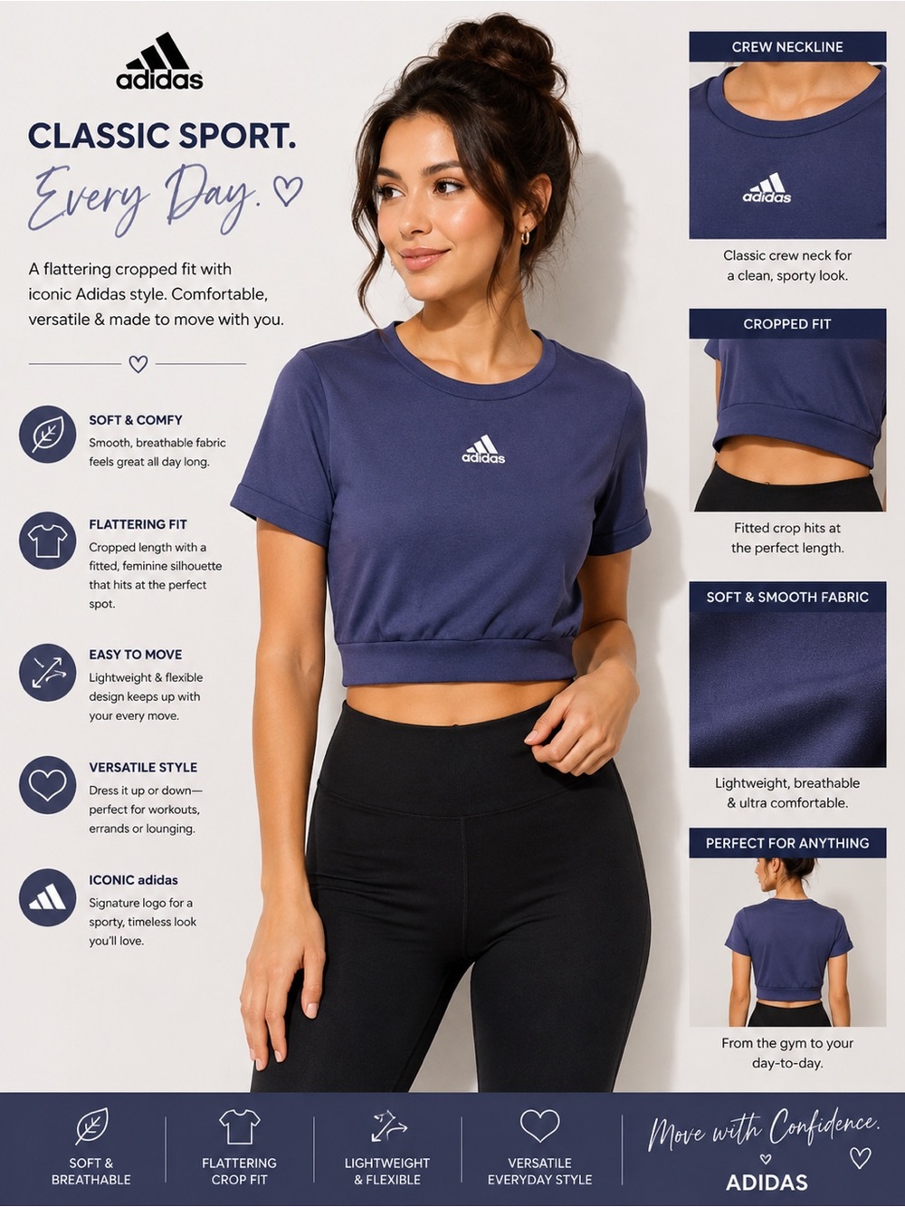 Women's adidas Seamless Fitted‎ Crop Tee
X LARGE, Shadow Navy White